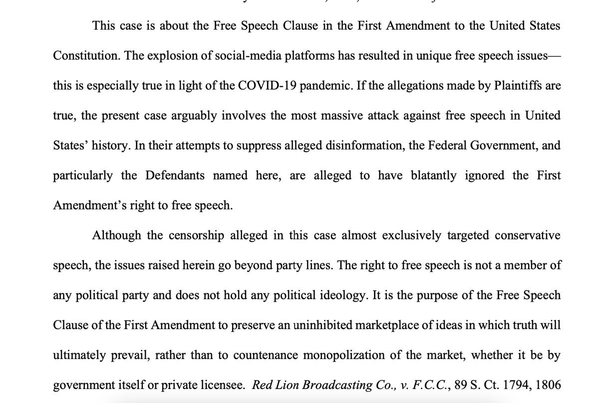 SullyCNBC's tweet photo. First lines of the ruling are powerful:

"If the allegations made by Plaintiffs are true, the present case arguably involves the most massive attack against free speech in United States history."

Ruling also notes social media companies were terrified of political retaliation if they didn't comply with dictates.  

Blessed to have 1st Amendment on this 4th of July!  

Read case for yourself.   https://t.co/GDzYCKFpQx