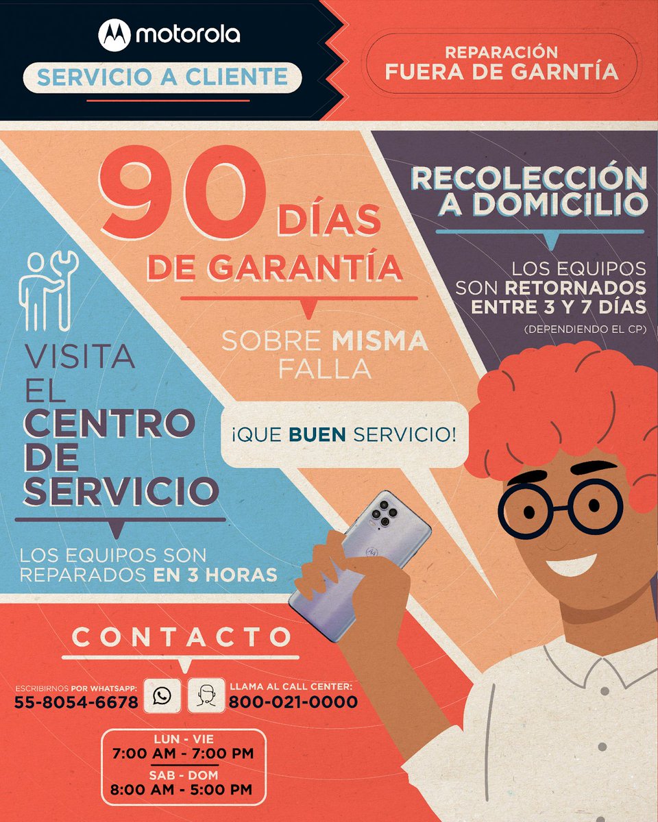 Localiza   nuestros Centros de Servicio para que puedas reparar tu equipo fuera de   garantía. Si tienes dudas, comunícate con nosotros a los números de   abajo y listo, ¡Respuesta inmediata! #hellomoto
