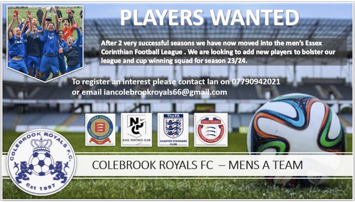 Players wanted for our very talented team. Just one or two players who are looking for a challenge next season. #squadbooster ⁦@EssexCountyFA⁩