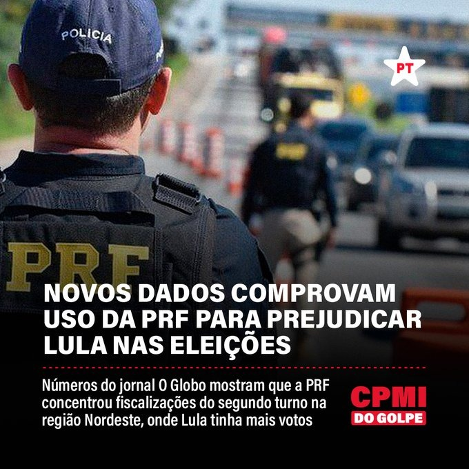 DilmaResiste's tweet photo. "🚨 A PRF FOI USADA POR BOLSONARO PARA TENTAR IMPEDIR LULA DE SER ELEITO!
A Polícia Rodoviária Federal foi utilizada pelo governo bozonaro para dificultar, no dia do segundo turno, a votação de eleitores do Nordeste, onde Lula era o favorito."
Via @ptbrasil https://t.co/2zSmYxTKWw
