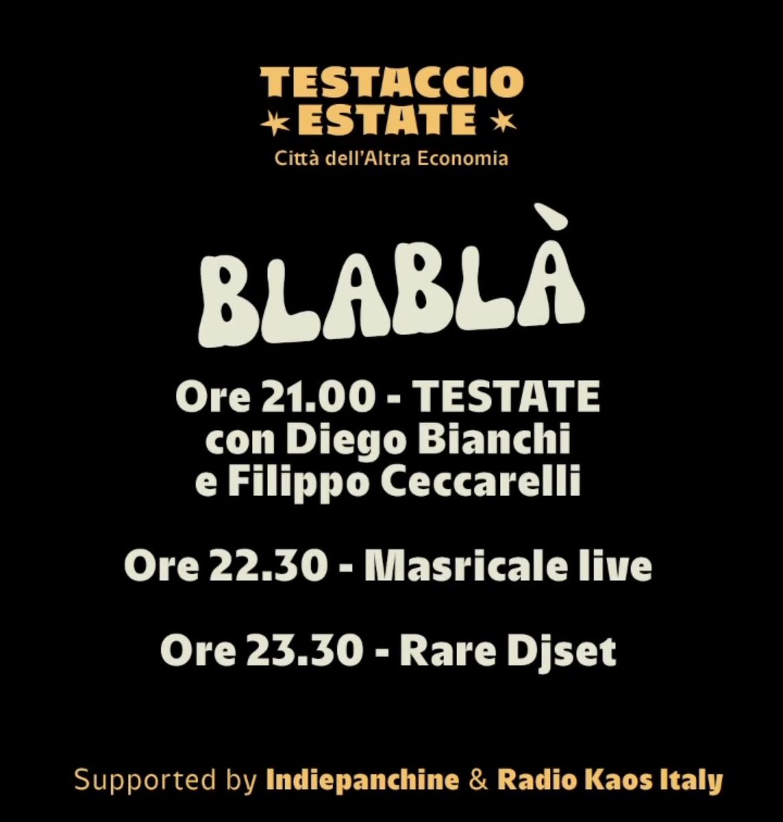 Domani sera a #TestaccioEstate con Diego Bianchi alias Zoro, e Filippo Ceccarelli, per un fantastico Talk!