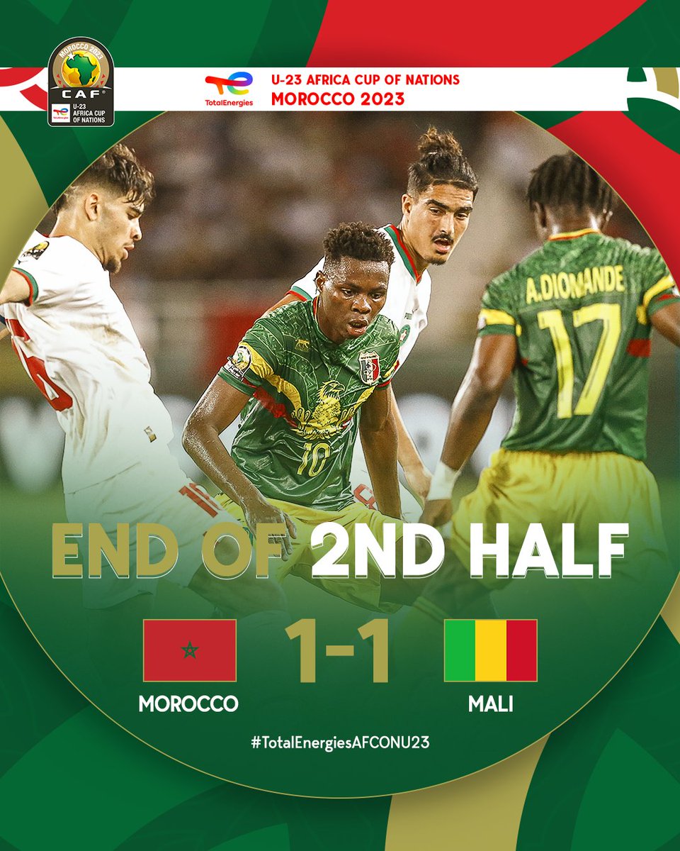 caf_online_AR's tweet photo. نهاية الشوط الثاني ⏱️
🇲🇦 المغرب 1-1 مالي 🇲🇱
بعد التعادل بهدف لمثله، اللقاء يتجه للأشواط الإضافية 🤝
#TotalEnergiesAFCONU23 | #MARGUI https://t.co/soGR65Wn0v