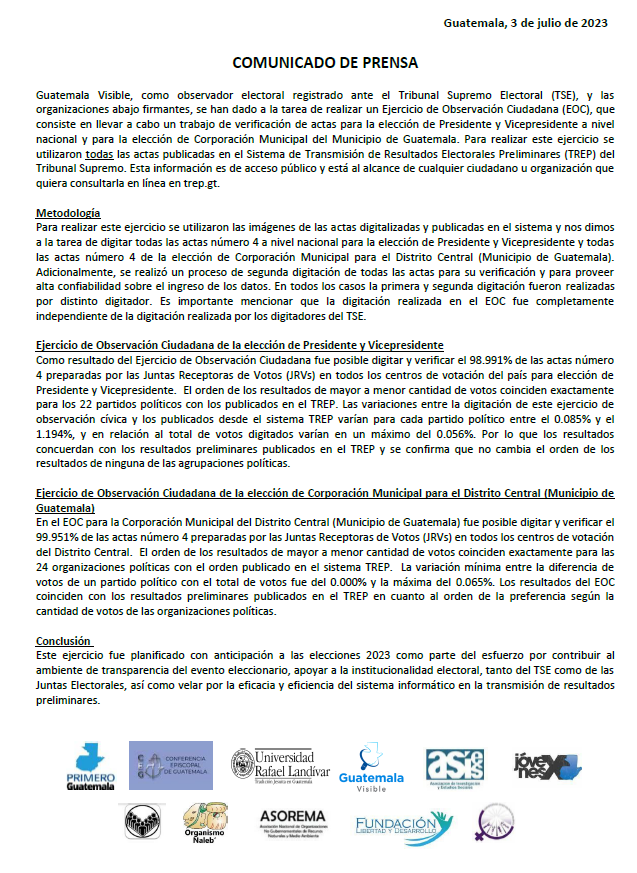 foro_gt's tweet photo. Compartimos los resultados que organizaciones de #ForoGT realizaron sobre los resultados de las #Elecciones2023Gt
Esperamos que las revisiones en el parque de la Industria respeten los procedimientos en ley, luego de la resolución de la CC. https://t.co/IpVYyjltT0