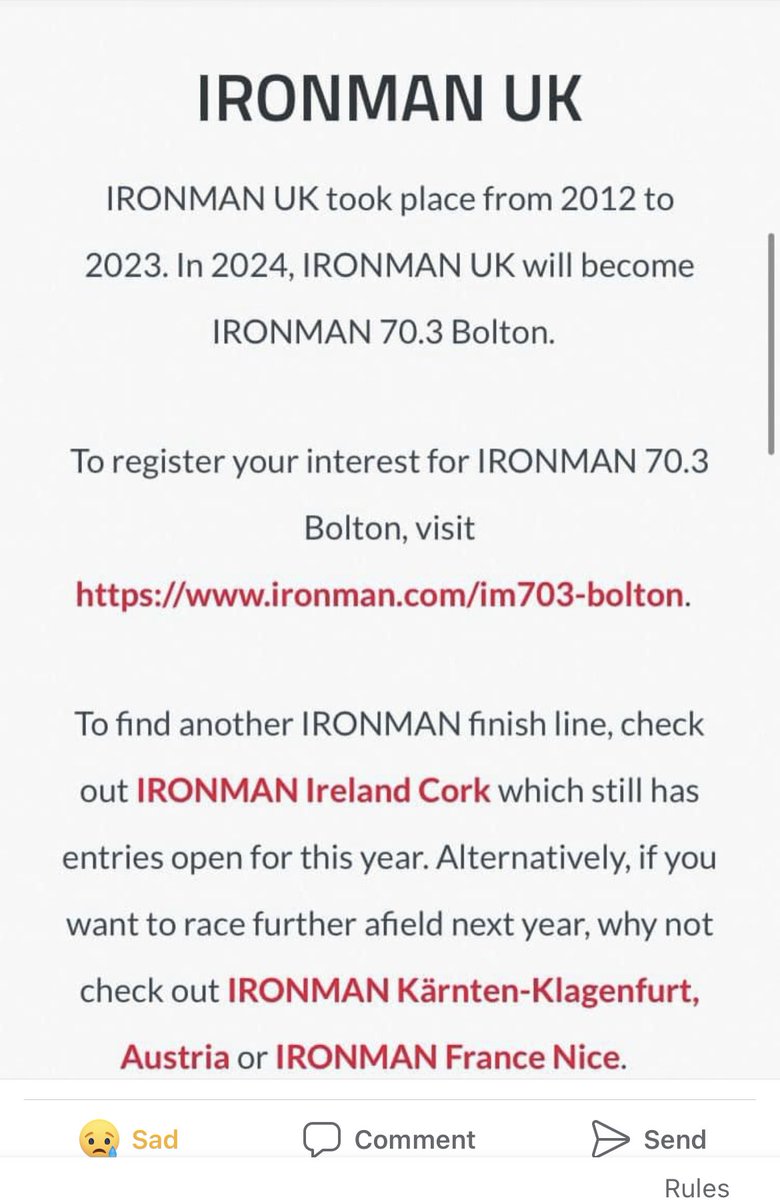 Very sad to hear that IM UK Bolton is no longer continuing, it will become a 70.3, and IM Stafford 70.3 is to be dropped totally. These were my first two Ironman events in 2016 and I raced well behind <a href="/lucygoss/">lucy gossage</a> in both of them! <a href="/IRONMANtri/">IRONMAN Triathlon</a> <a href="/IRONMANUK703/">Ironman 70.3 UK</a>