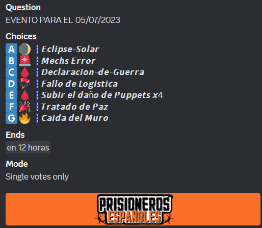 Buenas noches #prisioneros, tenemos encuesta activa para el evento de mañana, que te apetece ver?

#PrisionerosEspañoles <a href="/EspScum/">Scum en Español</a> 

discord.gg/prisionerosesp…