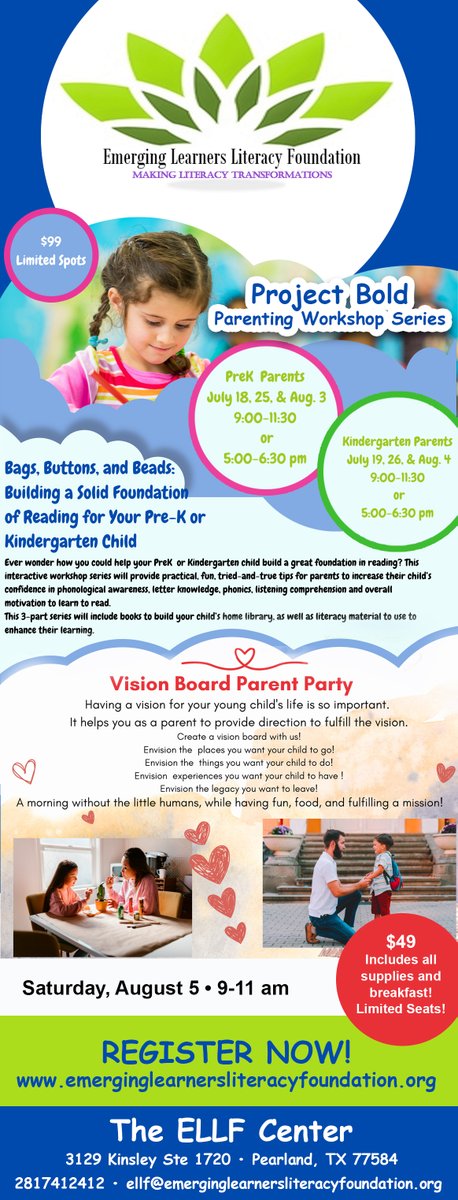 Calling all parents! Emerging Learners Literacy Foundation has moved to our new location at 3129 Kingsley Drive # 1720 Pearland TX 77584. We will begin our new Parent Workshop Series July 18th! Limited spots for PreK and Kindergarten parents. Register at emerginglearnersliteracyfoundation.org