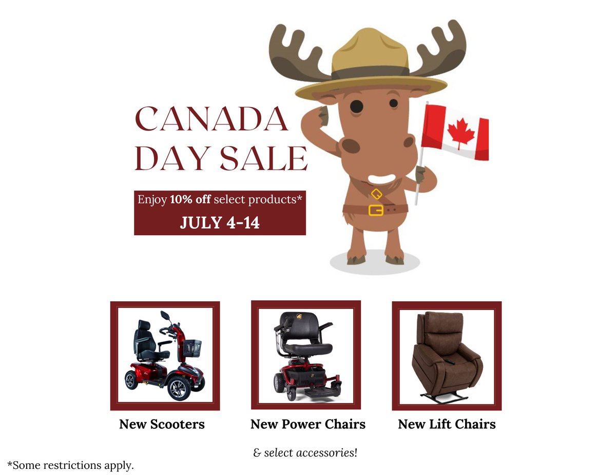 MobilityMoose's tweet image. As Canadians find themselves back at work after the long weekend celebrations, we want to extend the festivities! For the next two weeks come in-store for our Canada Day Sale! Save 10% off of new units in stock!

#canadadaysale #save10% #newmobilityequipment #instoreonly