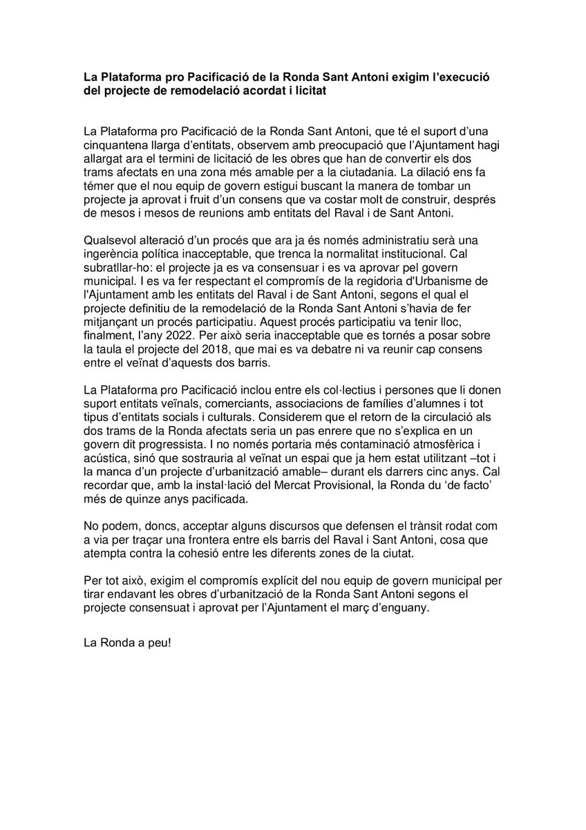 Entitats del Raval i de l'Eixample exigim a <a href="/bcn_ajuntament/">Ajuntament de Barcelona</a> que mantingui el projecte de remodelació de la Ronda Sant Antoni ja acordat i licitat.
Després de quinze anys ens neguem al fet que els infants, veïnat i comerciants no puguin gaudir d'un espai pacificat.