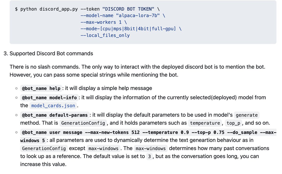 현재 오픈된 여러 LLM을 Discord Bot으로 쉽게 올릴 수 있는 기능을 추가했습니다. Discord Bot 토큰과 원하는 모델을 입력하여 CLI를 실행하면, 즉시 원하는 모델을 돌려보실 수 있습니다. 

멀티-턴 대화와 생성 파라미터 동적 조정 기능을 지원합니다. 
저장소: github.com/deep-diver/LLM…