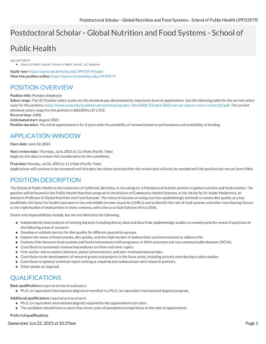 Still hiring for a postdoc: Global Nutrition and Food Systems. Please share with your networks.