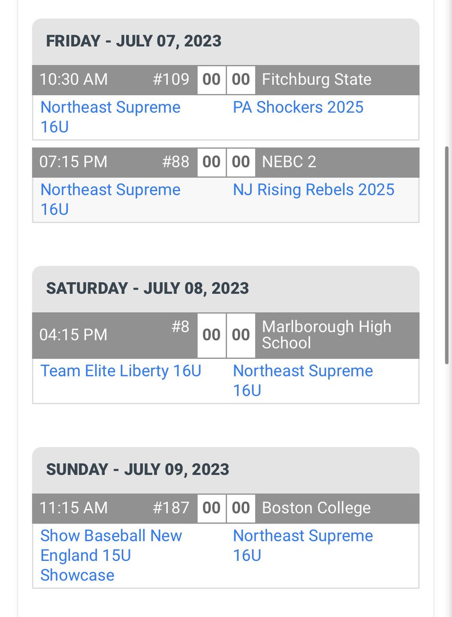 BenRaspanti's tweet photo. I will be playing in the Boston Open this weekend with Northeast Supreme 16u. Here is my schedule: @emdbaseball @GCGritBaseball https://t.co/1GIttbVItH