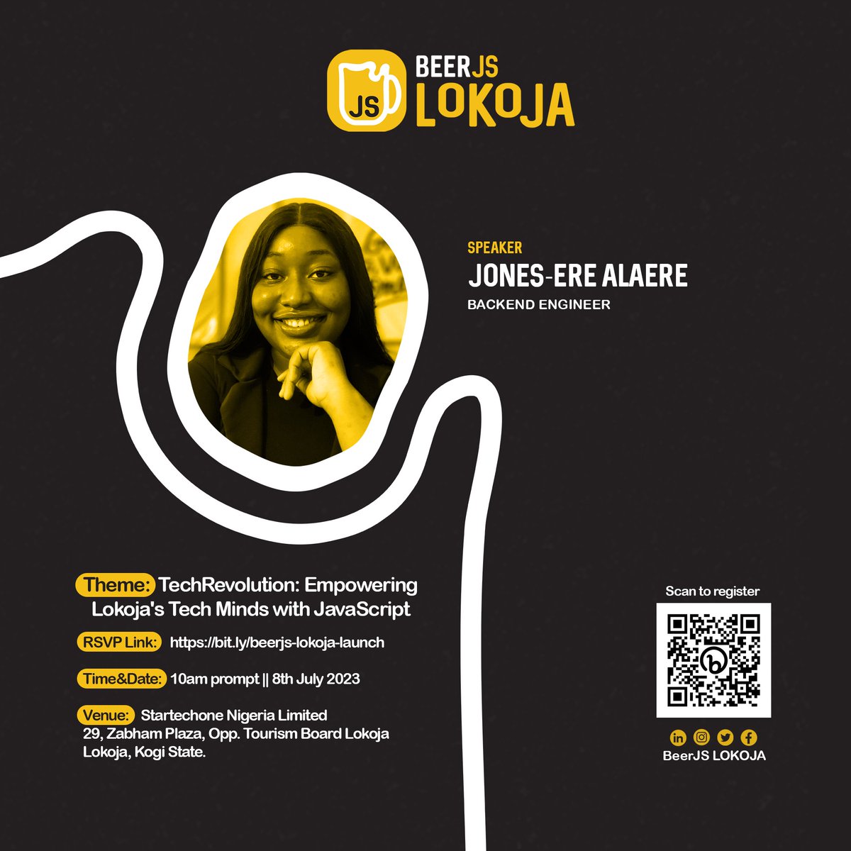 BeerjsLokoja's tweet image. Our Speakers 🎉🎉
Meet Jones Ere Alaere @miss_jones__ a Backend Engineer. She will be presenting at @BeerjsLokoja community launch.
#beerjslokoja
#beerjs
#javascript