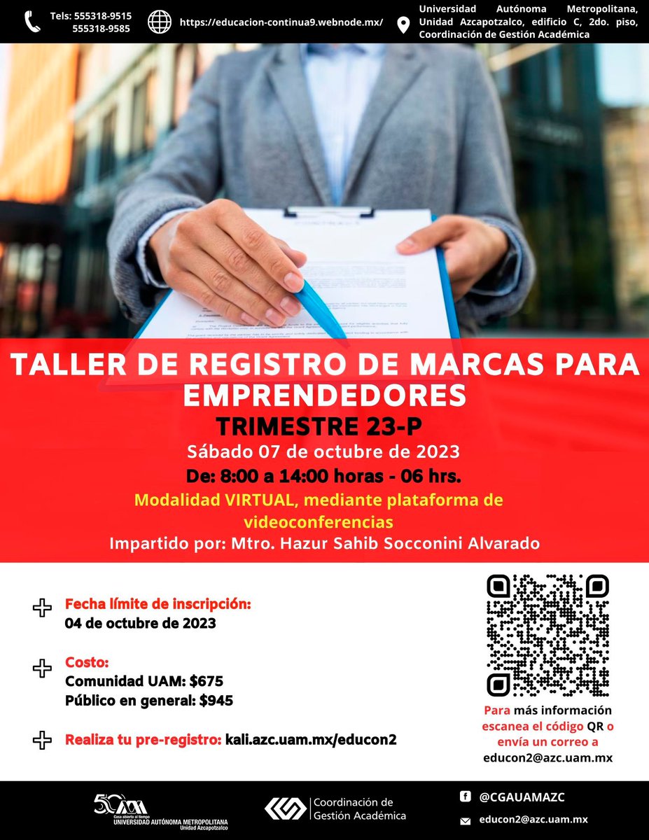 lauammx's tweet photo. Taller de registro de marcas para emprendedores
.
🗓 OCTUBRE 7, DE 08:00 A 14:00 HRS.
🗓 Inscripciones hasta: OCTUBRE 4
ℹ Prerregistro: https://t.co/ag9RFKf4Ju
📧 educon@azc.uam.mx
ℹ https://t.co/tfQkpYpt5A
.
#UAM50 #SoyUAM
#CursoUAM #UAMInnovadora
@UAMAzcOficial https://t.co/A08WWRmDAn