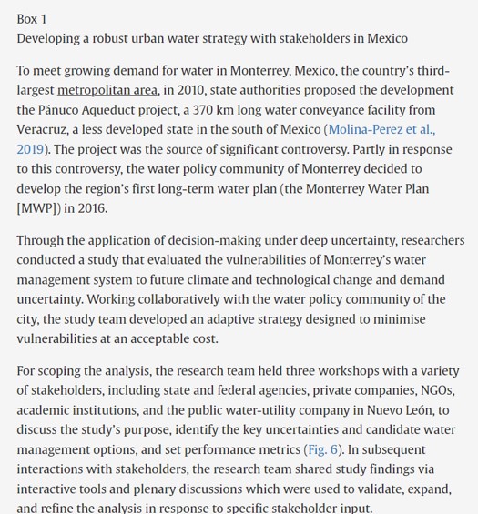 EdmundoMolinaMx's tweet photo. Don’t miss our paper on Knowledge co-production for decision-making under uncertainty. @EnayatMoallemi led the analysis of 50 DMDU cases worldwide. It shows  how this gets done and how to improve it. Our MTY Water study is used as a case study👇
https://t.co/guXchZL0GK https://t.co/ZF9jr5TNjy