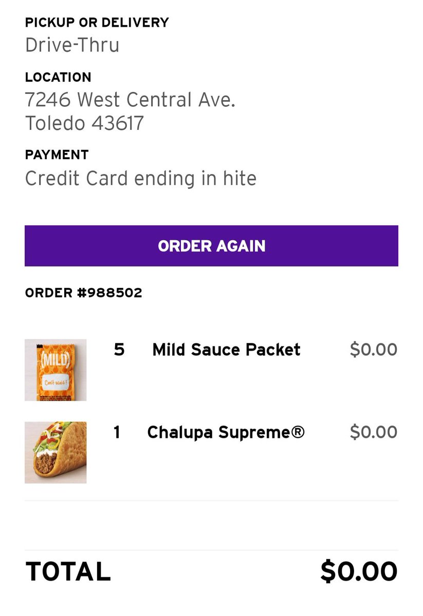 lausal2328's tweet photo. @tacobell someone in OH hacked my account 😒 and the bish ate my Chalupa Supreme with MILD sauce https://t.co/zGws2wcdWQ