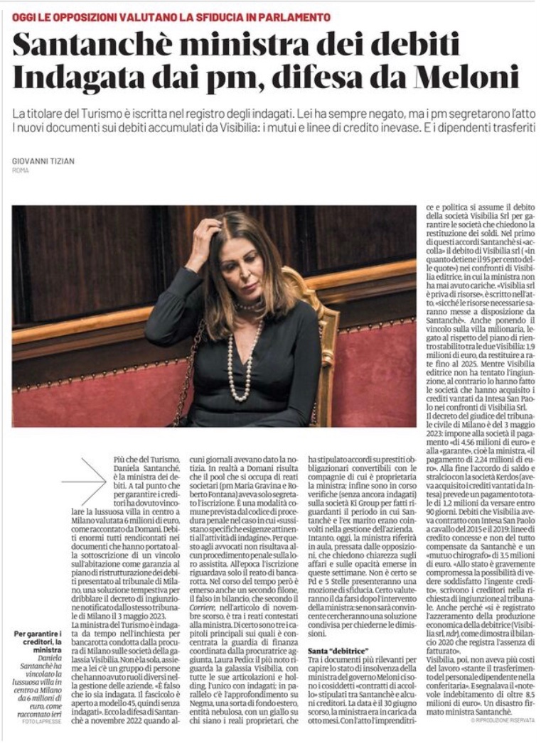 Clamorosa prima pagina di @DomaniGiornale: “Daniela Santanchè è iscritta nel registro degli indagati. I pm secretarono l’atto. Ecco i nuovi debiti accumulati da Visibilia”. 
#Santanché #Santanche_dimettiti 
#5luglio. 
@Moonlightshad1; @Ste_Mazzu; @VigilanzaT
[Ritwittate, amici?].