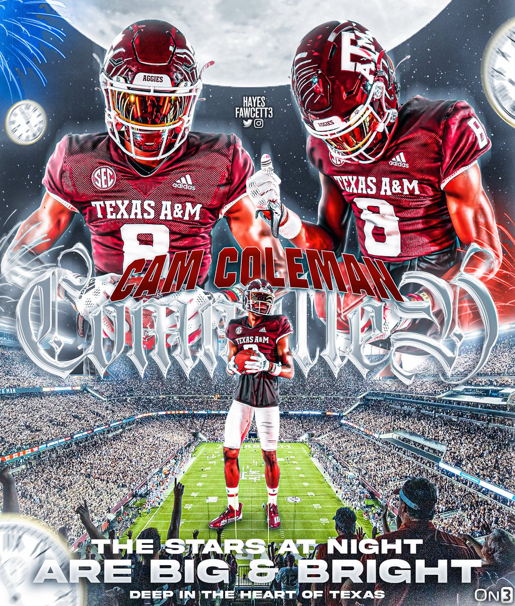 Hayesfawcett3's tweet image. BREAKING: Five-Star WR Cam Coleman tells me he has Committed to Texas A&amp;amp;M!

The 6’3 190 WR from Phenix City, AL chose the Aggies over Auburn, Clemson, FSU, &amp;amp; Florida 

Coleman is ranked as the No. 6 Player in the ‘24 Class (No. 2 WR)

A 4th of July SHOCKER 🤯…