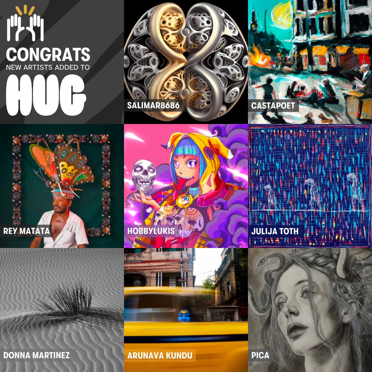 theHUGart's tweet image. We are elated to welcome &amp;amp; congratulate the newest artists curated to HUG 🎊

@Salimar8686
@castapoet
@Rey_matata
@LukisHobby
@julietothgr
@DMImagesNFT
@ArunavaKundu007
@pica_sensei

We can&apos;t wait to help you go further on your journey as an artist 🤗✨