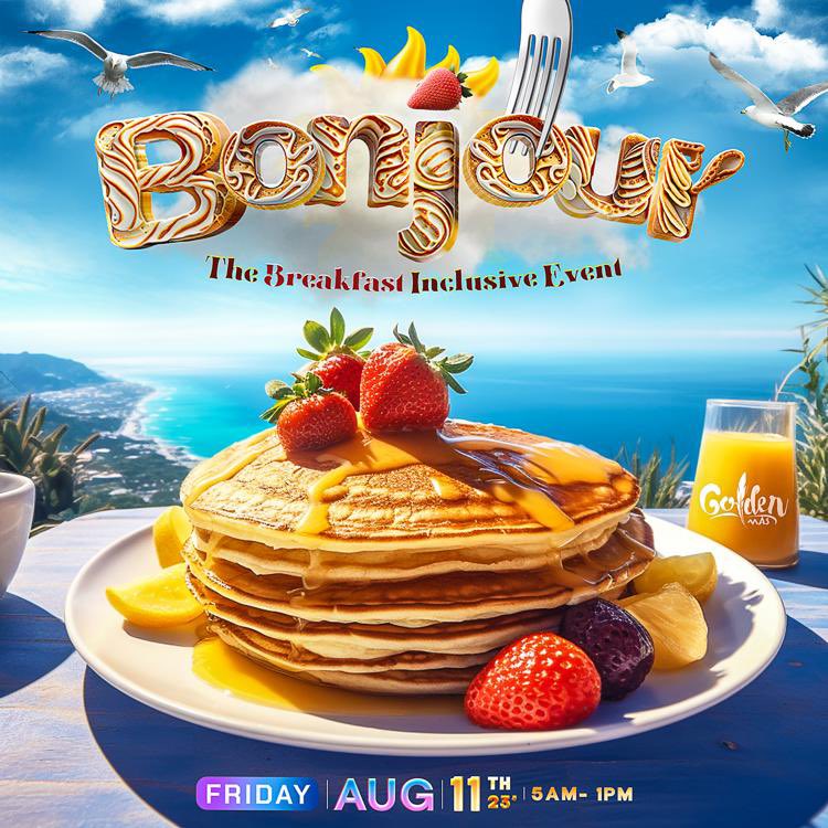 goldenmasband's tweet photo. Introducing the most exhilarating breakfast inclusive party to hit Spicemas 2023 🍳

Golden Mas presents “BONJOUR” 🌉

Save the date || August 11th, 2023 🗓️ 

Stay tuned for more info  📝 

#Goldenmas #Spicemas2023 #GoldenPromotions #Bonjour #GoodMorning https://t.co/5FXjCrYEYa