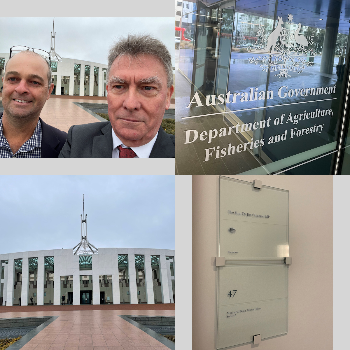 Chair of the eastAUSmilk Board Matt Trace &amp; Govt Relations Manager Mike Smith are in Canberra for meetings with Ministerial Offices &amp; public servants, discussing Coles' purchase of Saputo &amp; strengthening the Dairy Code. Many other issues on the table too. More meetings next week!