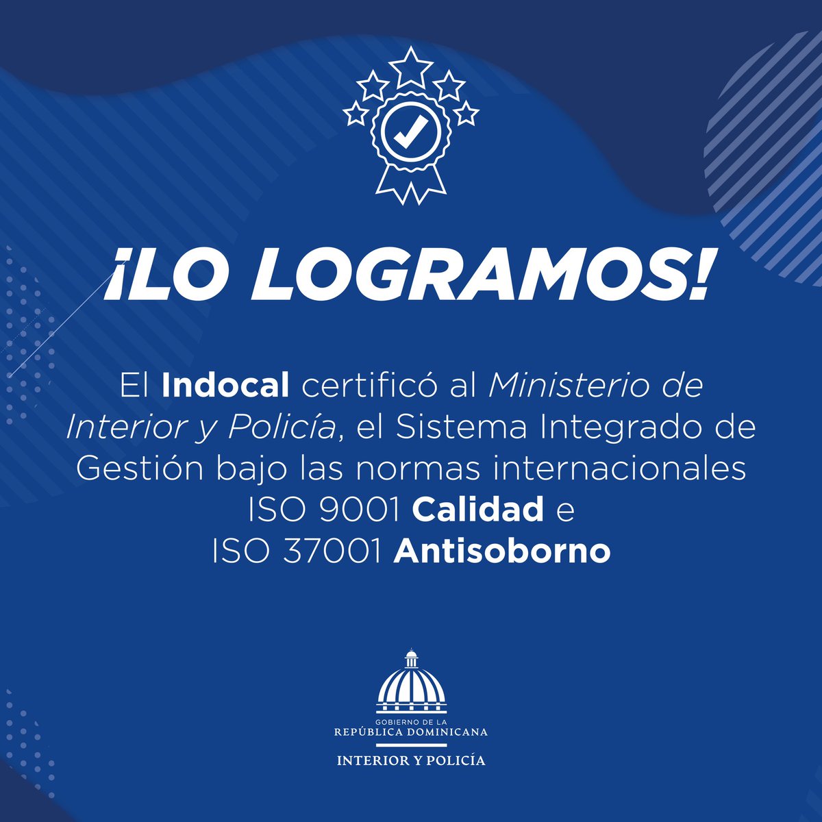 MinInteriorRD's tweet photo. ¡Lo logramos!
 Por primera vez en la historia recibimos certificaciones internacionales que nos permitirán aumentar nuestra competitividad, reducir los riesgos de soborno y detectarlos de forma oportuna. https://t.co/8IIb4taeay