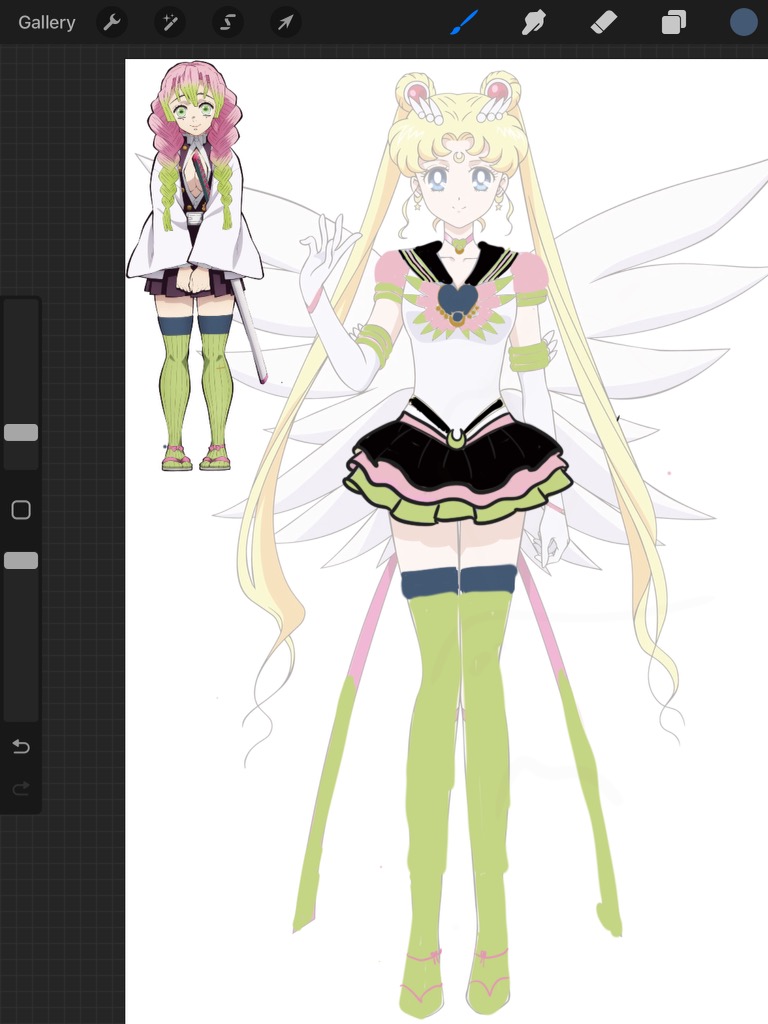 ElaineLightVT's tweet photo. Finally 2 designs. The hearts are what are different, which is better? I would use her hair style, her tights, n shoes. #sailormoon #sailorscouts #demonslayer #lovehashira #mitsurikanroji #cosplaydesign #cosplayhelp #feedback #cosplaymashup #cosplaydesign #eternalsailormoon https://t.co/GmKf1D839A