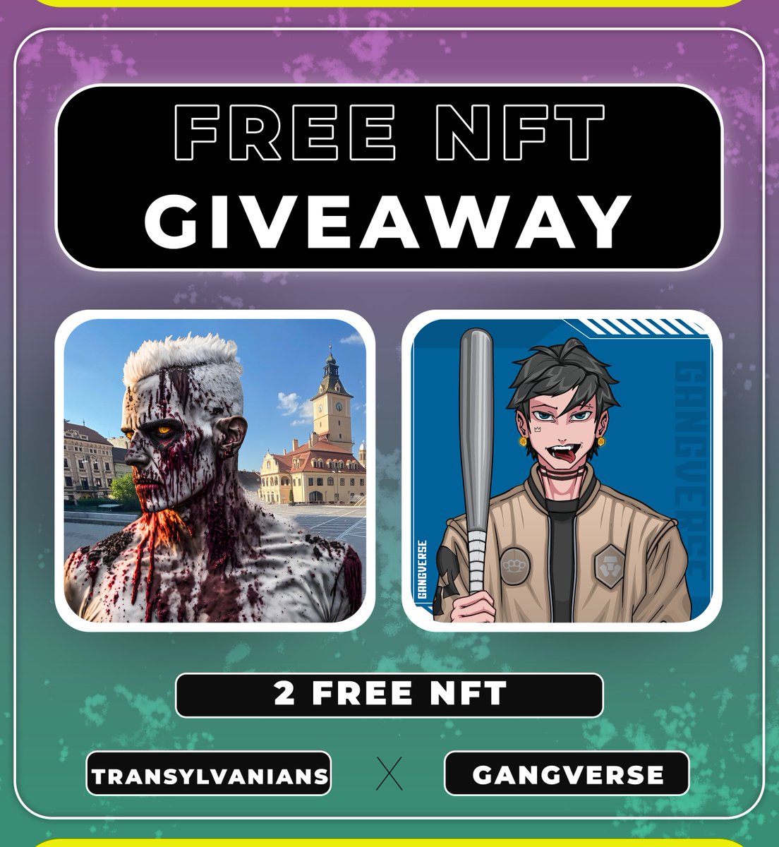 gangversenft's tweet photo. 🎁GANGVERSE x TRANSYLVANIANS #GIVEAWAY🎁

Prizes:
🏆1x Transylvanıans
🏆1x Gangverse

1⃣ RT &amp; Tag 3 Frens
2⃣ Follow @gangverse &amp; @transylvan1ans &amp; @gangversenft
3⃣ Join Discord (Link in bio!)

Ends in: 48h⏰GL!
#Gangverse #CryptoCom #CROfam #CRO #NFTGiveaways #CronosNFT https://t.co/JfZbcI75H3