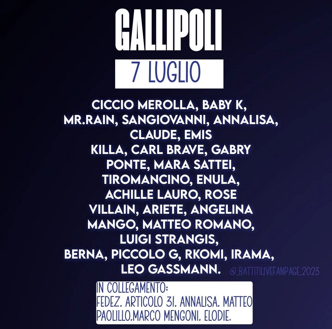 _battitilive_'s tweet photo. Siete pronti per un weekend con #battitilive? Ecco chi sarà con noi a Gallipoli il 7 Luglio 💙 https://t.co/wH2TgvgMQi