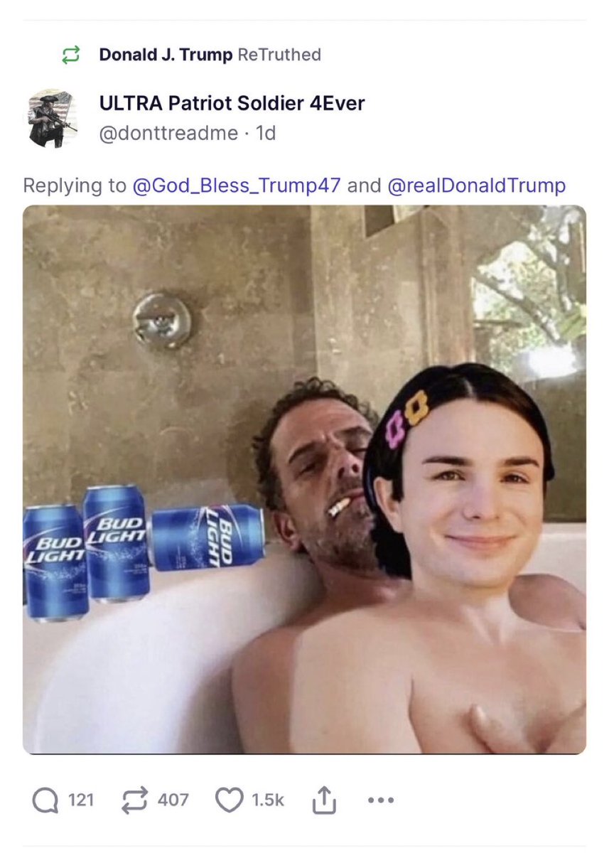 harryjsisson's tweet photo. Donald Trump just “retruthed” this meme of Hunter Biden and Dylan Mulvaney. 

Trump is such garbage. This narcissist has the humor of a child. A former president behaving like this is unprecedented. 

How does anyone support this lunatic? https://t.co/EX4ZmIPIzw