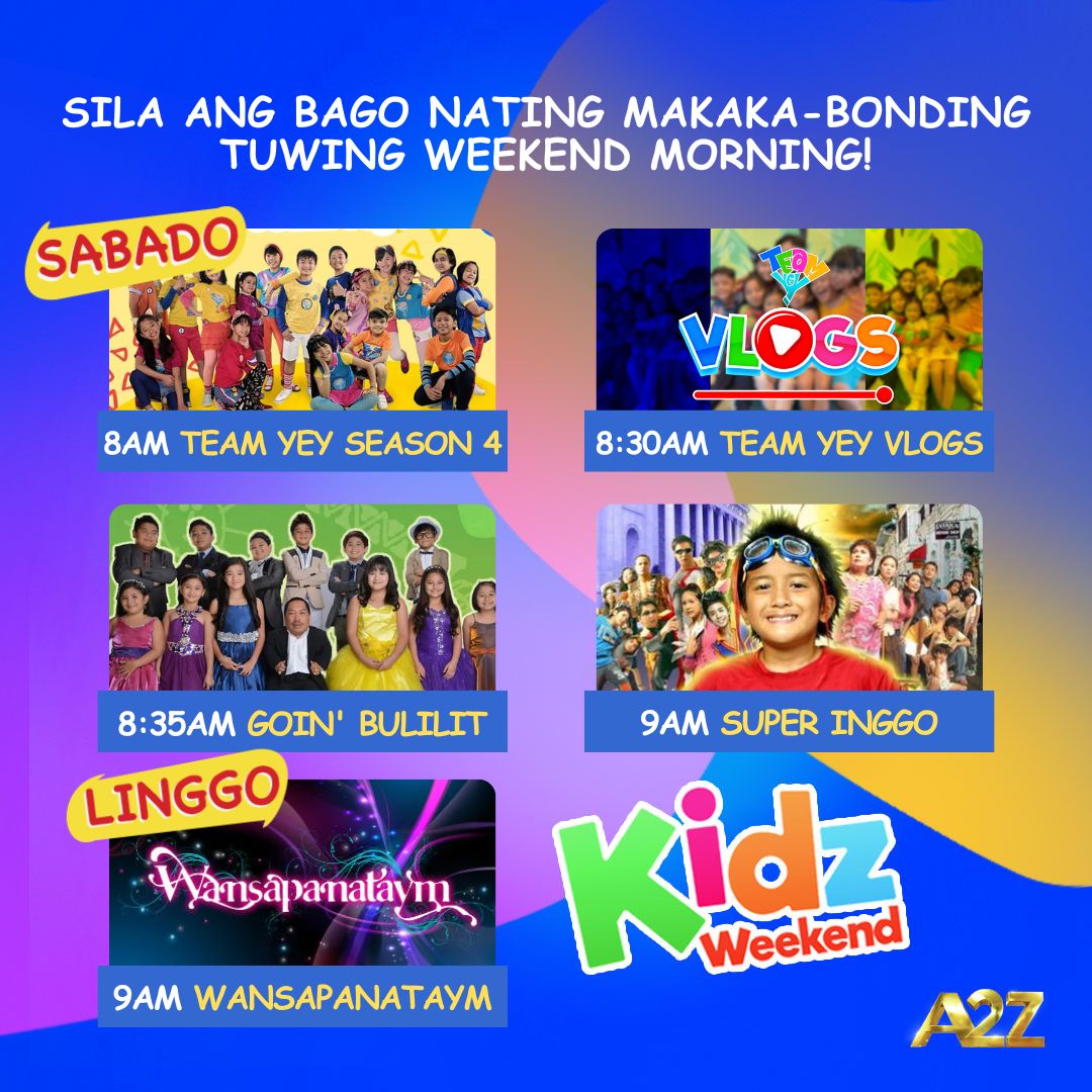 OfficialA2ZPH's tweet photo. Narito na ang mga bago nating makaka-bonding tuwing weekend morning sa masayang #KidWeekend sa A2Z.
Sama na sa fun and adventure tuwing Sabado simula 8AM at Linggo 9AM. https://t.co/nGgRv5EaIf