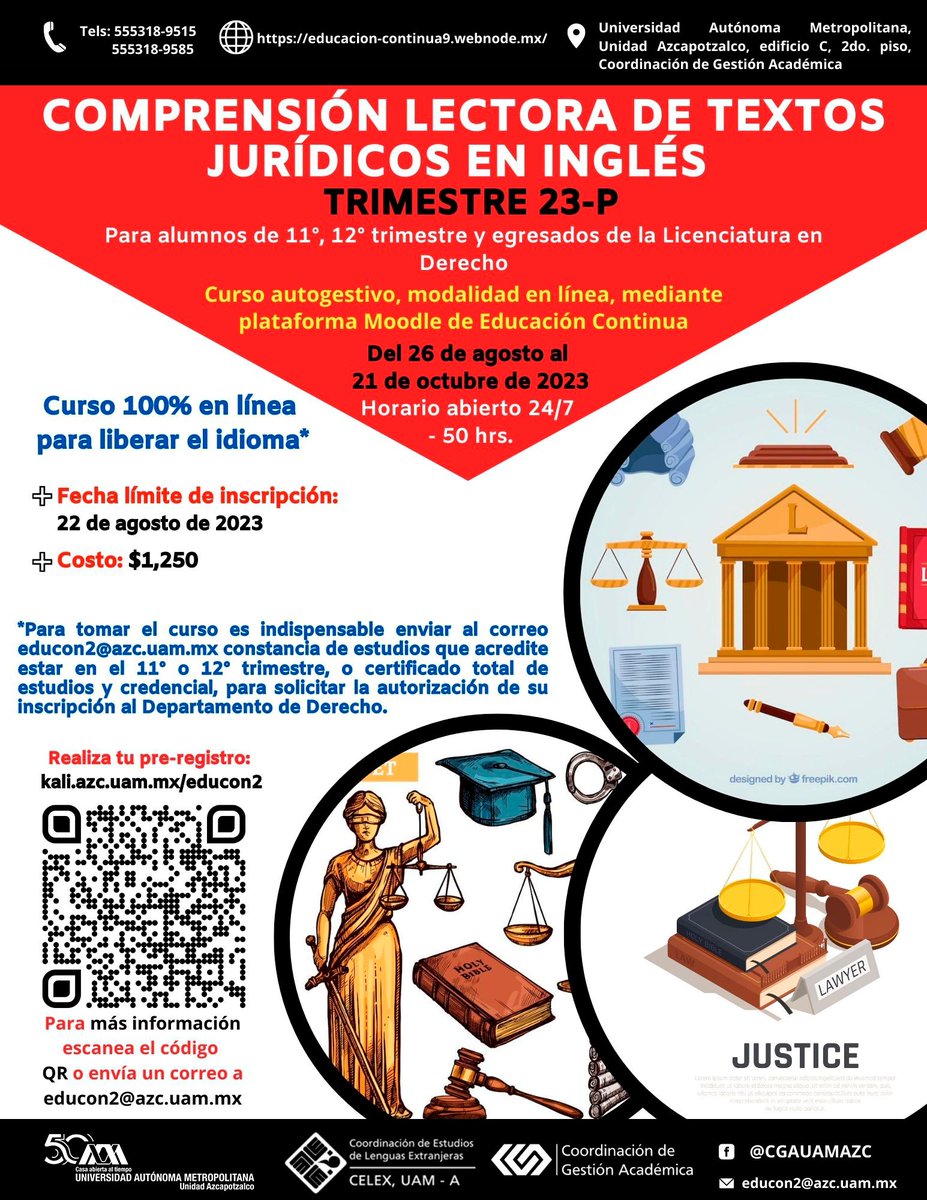 lauammx's tweet photo. Comprensión lectora de textos jurídicos en inglés para el alumnado y personas egresadas de la Licenciatura en Derecho
.
🗓 AGOSTO 26 A OCTUBRE 21
📣 Prerregistro: https://t.co/ag9RFKf4Ju
📧 educon@azc.uam.mx
▶ https://t.co/tfQkpYpt5A
.
#UAM50 #UAMInstructiva
@UAMAzcOficial https://t.co/05QBExorNg