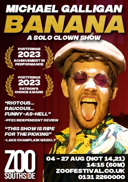 @rhcatlover Hi Ella! For a raunchy, existential Banana Burlesque come see us at ZOO at 14:15 everyday! 🍌