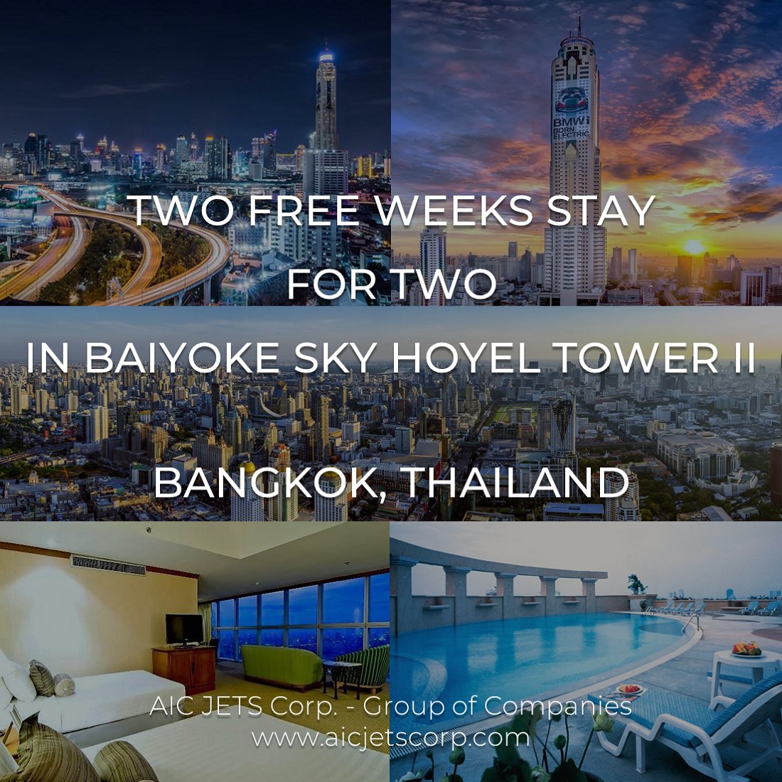 Our Special Offer Extended !

2 free weeks for 2 people in Baiyoke Tower II !

AIC JETS Corp. 

#AICJETSCorp #Bangkok #Thailand #BaiyokeTower #airlines #commercialaircraft #businessjet #aviation #aircraftleasing #aircraftdelivery #aircrafttransaction #MRO #FBO #AOG #aircrafttrust