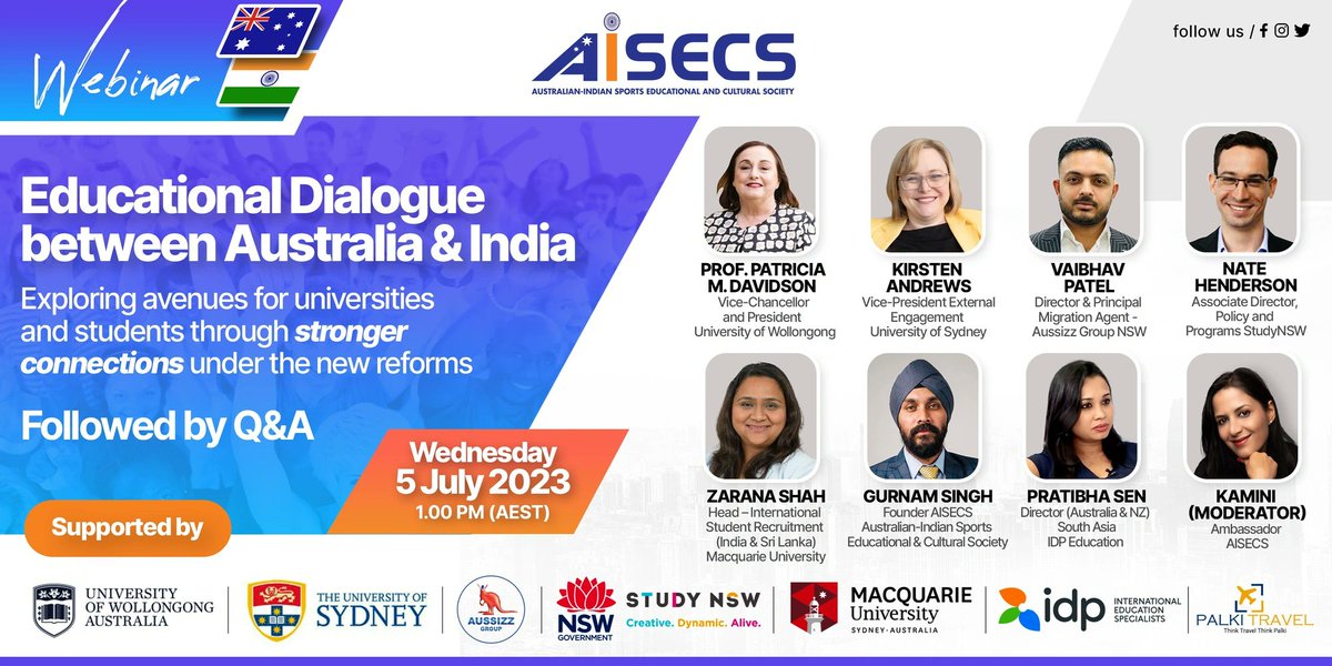 Make sure to join today's session hosted by <a href="/Aisecsinc/">AISECS</a>!  The free webinar features a range of knowledgeable speakers including vice chancellors from eminent Australian universities and migration and education consultants.

Register now: events.humanitix.com/australia-indi…

#StudyNSW