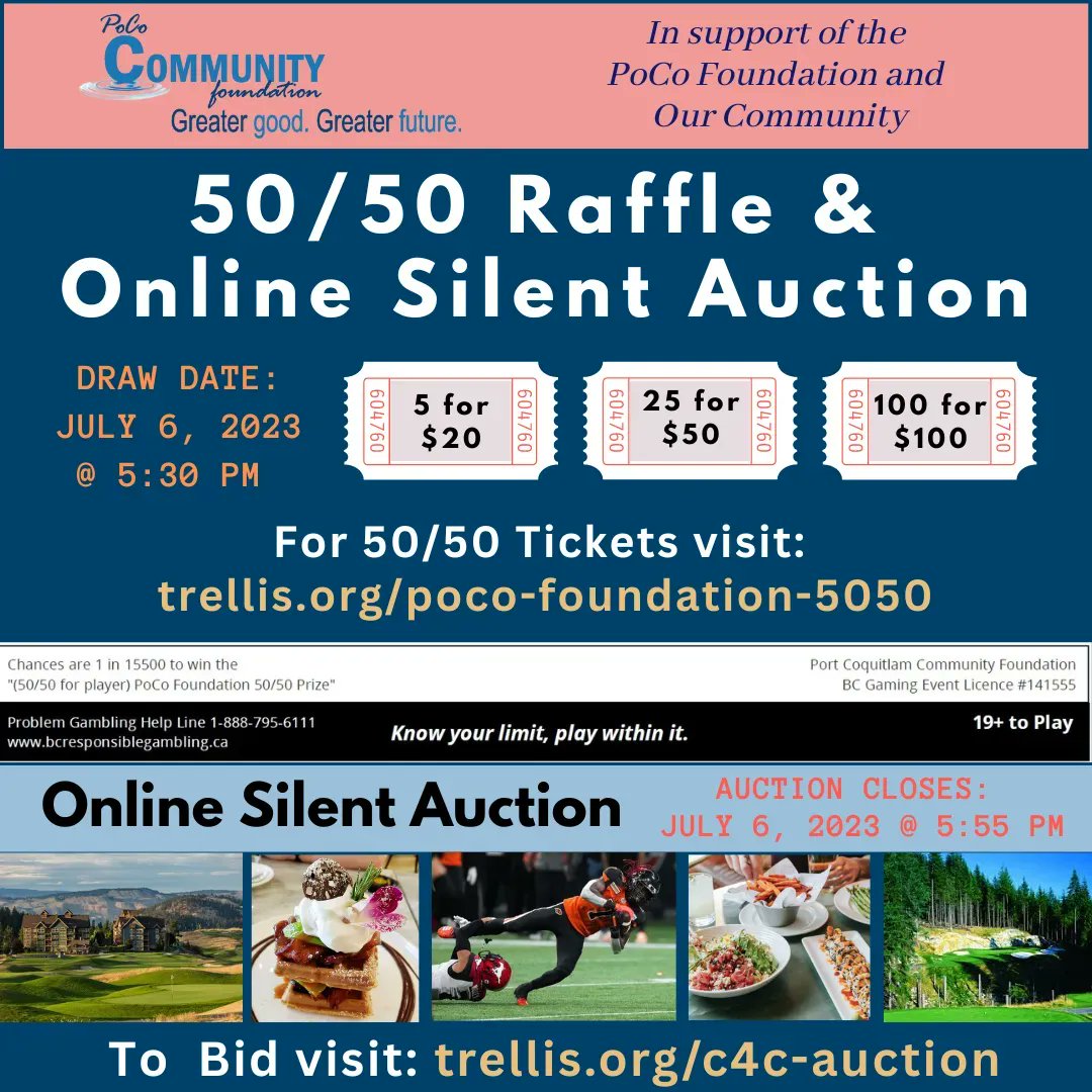 50/50 Raffle pot is growing. Buy your tickets today for your chance to WIN, draw is just a few days away - July 6th 5:30pm. AND check out our Online Silent Auction, some great packages up for grabs. ALL in support of PoCo Foundation and OUR Community.