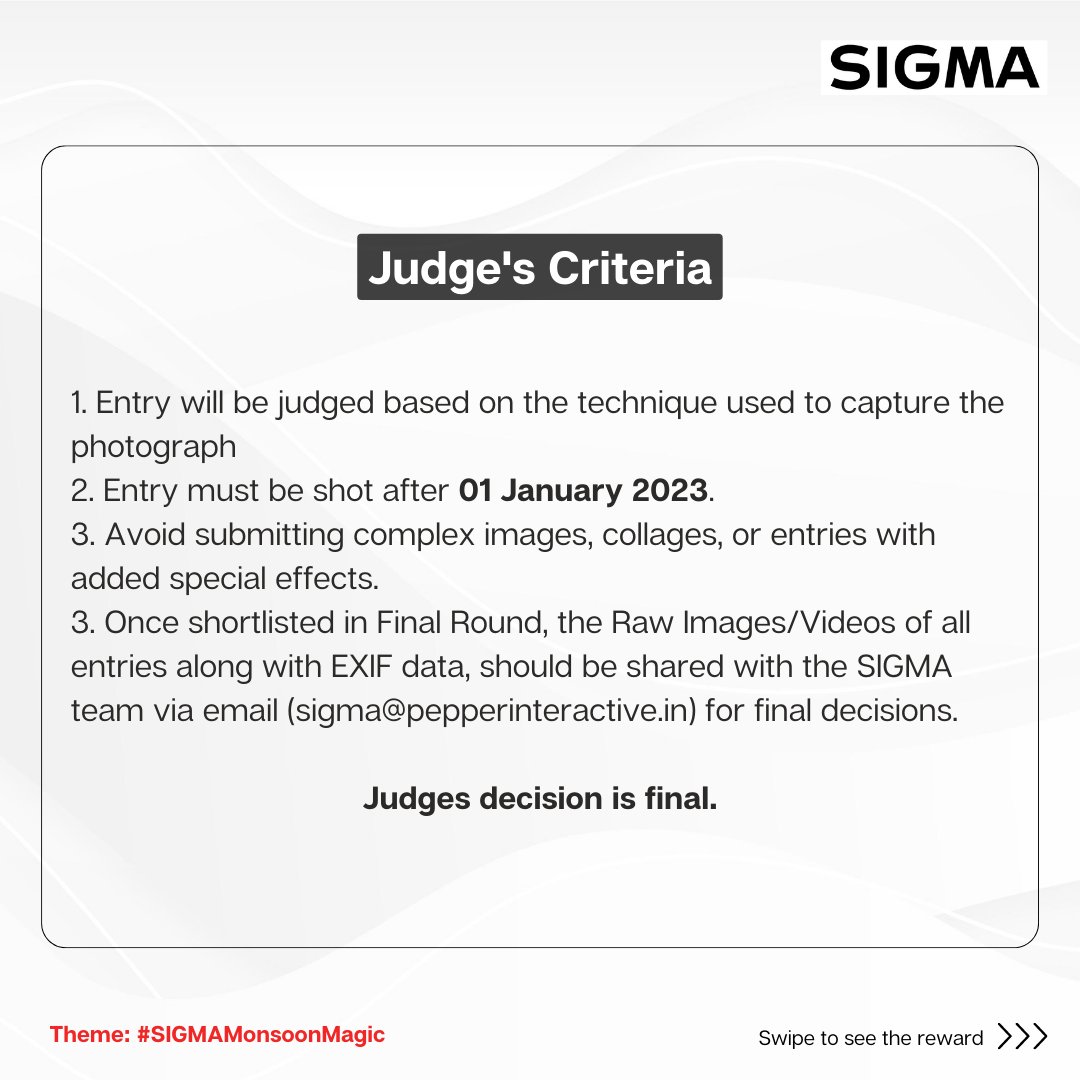 Sigma_India's tweet photo. Capture the magic of monsoon with your lens and win exciting goodies! πΈπ₯ Join our monsoon photography for a chance to showcase your talent.
#SIGMAcontest #SIGMAMonsoonMagic #MonsoonPhotography #SIGMApicks #sigmagear #sigmalenses #sigmalens #sigmaart #sigmacontemporary https://t.co/EF6eEMfsRd