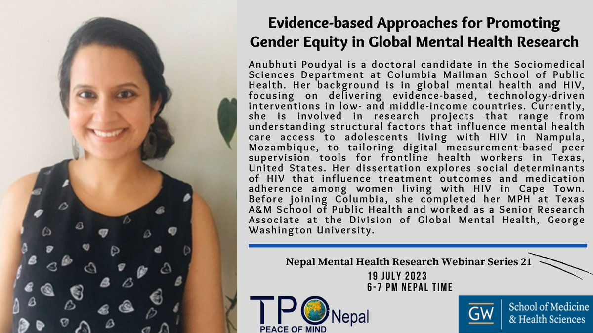 NMHRS21's tweet photo. Meet our speaker for the 21st #webinar!, Anubhuti Poudyal. She will be presenting on #EvidencebasedApproaches for #PromotingGenderEquity in #GlobalMentalHealthResearch
🗓️7/19/2023
⏲️6 PM to 7 PM Nepal Time
Register here: https://t.co/SSrB29BqFz
@DG_Nep @gmhequity https://t.co/y5zOrItzNb