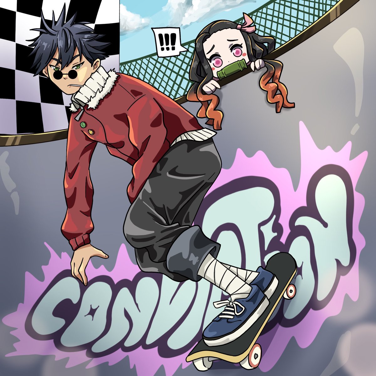 potatohead8623's tweet photo. this is my submission for @ConvictionStd 
"Conviction X Demon Slayer"
Nezuko supporting Ken, while he flexing his skate skills.

#CVART @ConvictionStd https://t.co/V3NzGzVWGy