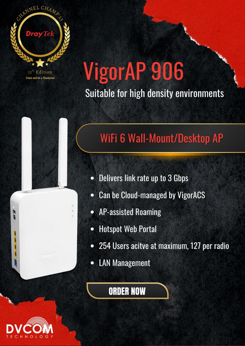 DvcomTechnology's tweet image. Powerful Performance, Extended Range: Experience Unparalleled Connectivity with DrayTek Vigor 906 AP

Registration link: lnkd.in/dj3mn8dK

@DrayTek_HQ

#DrayTekChannelChamp2023UAE
#NetworkingCompetition
#JoinTheRace
#NetworkingSkills
#IndustryChampion
#networking
#uae