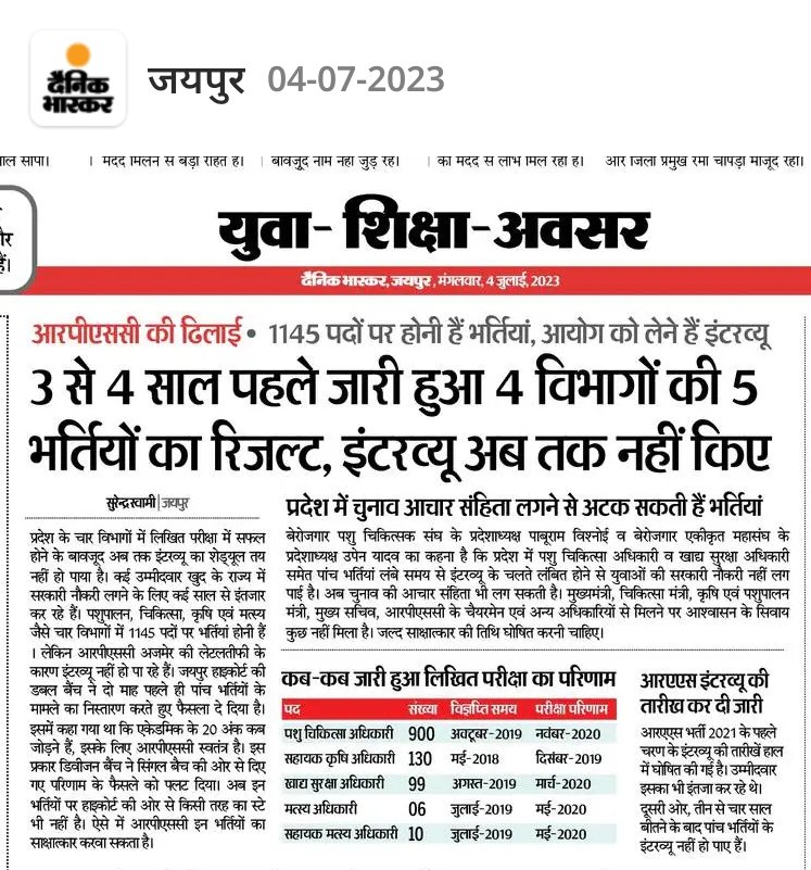 लिखित परीक्षा परिणाम के 3 साल बाद भी साक्षात्कार की तारीख नहीं,आखिर कैसे लगेगें पशुचिकित्सक?

#पशुचिकित्सक_इंटरव्यू_कराओ

#900_VO

<a href="/artizzzz/">Arti Dogra</a>
<a href="/RajCMO/">CMO Rajasthan</a> <a href="/RPSC1/">RPSC, Ajmer</a> <a href="/ashokgehlot51/">Ashok Gehlot</a> <a href="/TheUpenYadav/">Upen Yadav (मोदी का परिवार)</a> <a href="/kashiram_journo/">Kashiram Choudhary</a> <a href="/vinodmittal9/">VINOD MITTAL</a> <a href="/manojpehul/">MANOJ SHARMA/ मनोज शर्मा</a> <a href="/dsrajpurohit291/">Doonger Singh</a>  <a href="/uday_journalist/">Uday Choudhary</a> <a href="/Surendra1sushma/">Surendra Swami</a>