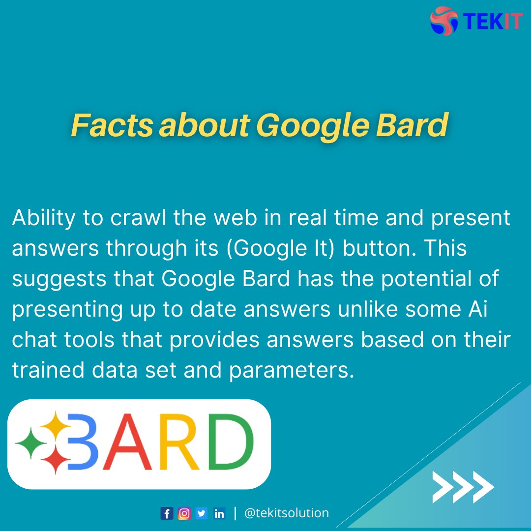 tekitsoftwares's tweet photo. Facts about Google Bard-
#Google #GooglebardAI #AI #ArtificialIntelligence #itstaffing #contractbasis #contigentstaffing #staffingsolution
#ICAI #PVSindhu #StocksToBuy #PetrolDieselPrice #LTIMindtree #storm #SAFFChampionship2023 #IndianFootball #DepthCampaign @TekitSolution https://t.co/zxANW1hZDL