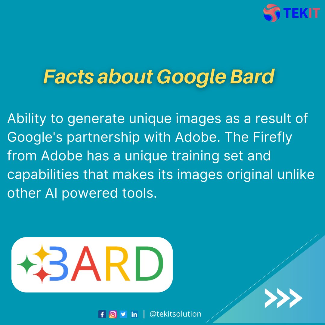 tekitsoftwares's tweet photo. Facts about Google Bard-
#Google #GooglebardAI #AI #ArtificialIntelligence #itstaffing #contractbasis #contigentstaffing #staffingsolution
#ICAI #PVSindhu #StocksToBuy #PetrolDieselPrice #LTIMindtree #storm #SAFFChampionship2023 #IndianFootball #DepthCampaign @TekitSolution https://t.co/zxANW1hZDL