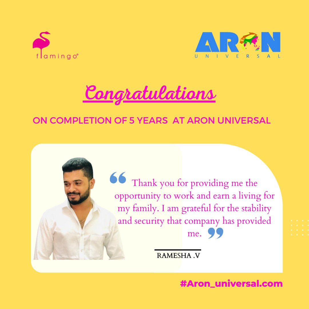 Aron_Universal's tweet photo. Mr. Ramesha.v
We want to congratulate you for your 5th anniversary with Aron Universal limited
Your knowledge, experience and great personality are continuously helping us achieve excellence every day. That’s why you are our Employee of the day!
#employeeoftheday
#aronuniversal https://t.co/CQsNjKqJYU