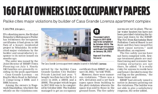 BBMP withdraws Occupancy certification for luxury residential complex in Bluru's Yelahanka. Many violations incl deviation, setback, non-compliance with <a href="/Chairman_KSPCB/">Dr. Shanth A. Thimmaiah, M.Tech., Ph.D</a> norms. Casa Grande Lorenzo has 160 flats with buyers staring @ bleak future <a href="/NewIndianXpress/">The New Indian Express</a> <a href="/XpressBengaluru/">TNIE Karnataka</a>