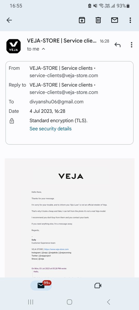 DTalan's tweet photo. @AJIOLife sent me pair without shoe box and wrong size and when i checked with @vejaproject @VEJA i get this reply.Daylight robbery and now not taking back order https://t.co/Fyshuy2SbE