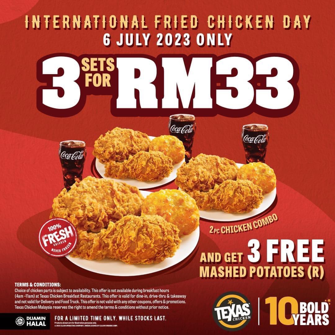 MalaysianFoods's tweet photo. Promosi Texas Chicken 3 Set Ayam RM33 je?!! 

Sempena hari ayam goreng sedunia Setia 1 set ada 2 ketul siap ada air dengan mashed potato tu..

Jommm serbuu! https://t.co/riZmv6kfL8

📍Texas Chicken Malaysia 
Hari Khamis 6/7/2023 https://t.co/L9kdFQ8dEg