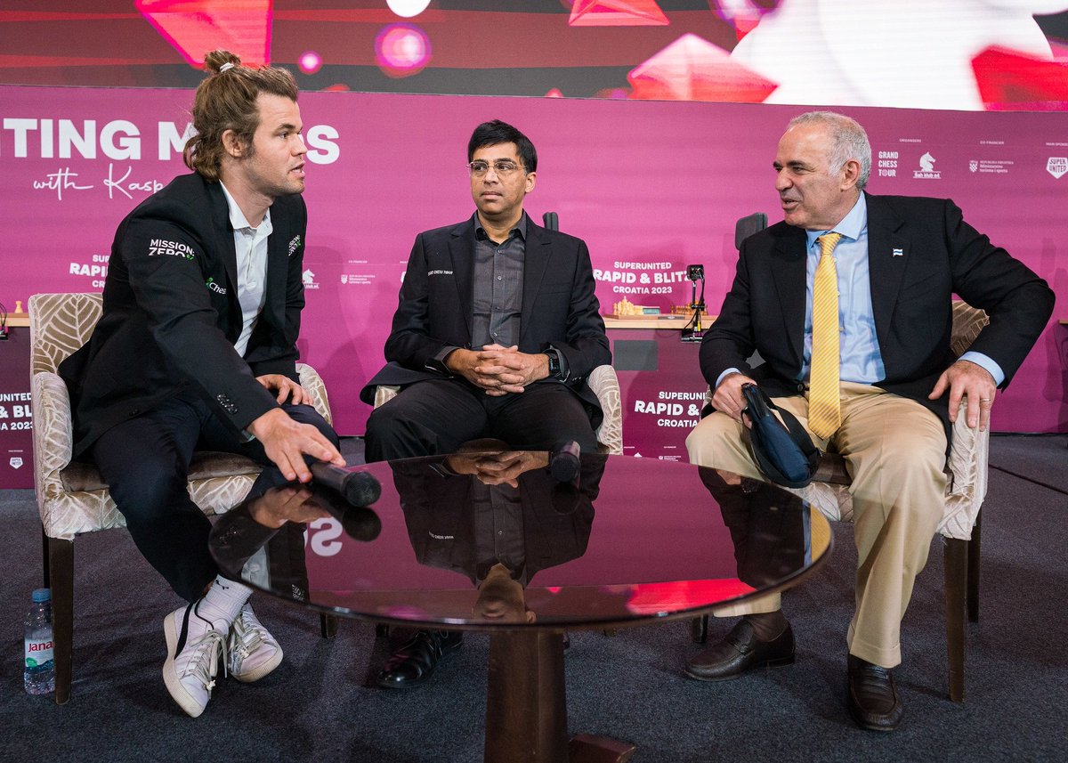 ChessbaseIndia's tweet photo. These 3 people have won a total of 16 World Championship matches combined! @MagnusCarlsen, @vishy64theking Anand and Garry @Kasparov63 - chess legends from 3 different generations.

📸: @LennartOotes https://t.co/Lrc4ZKnc5C