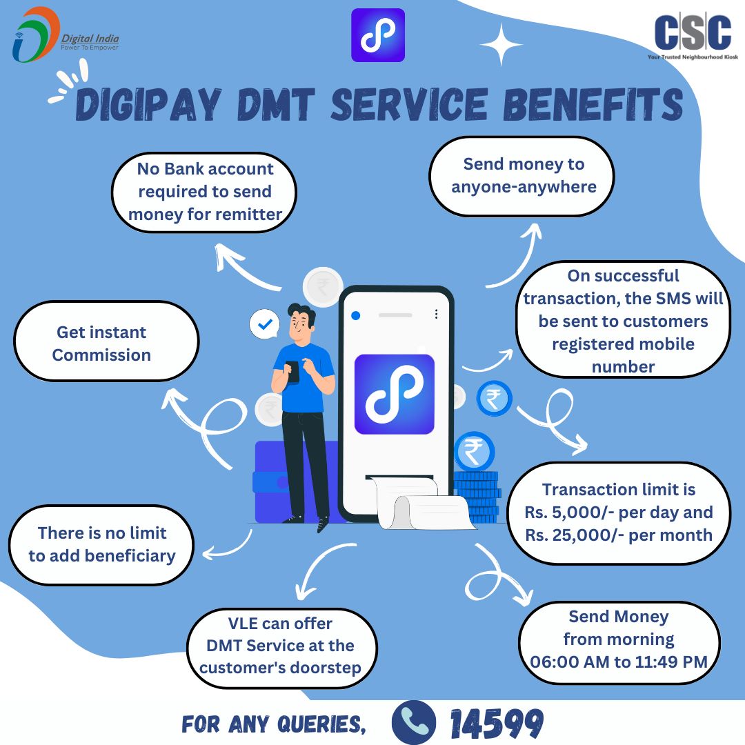 Benefits of #DigiPay DMT(#DomesticMoneyTransfer) Service...

-Send money to anyone-anywhere
-Get instant commission
-No Bank account required to send money to remitter
-VLE can offer #DMT Service at the customer's doorstep

For any queries, call us on 14599...

#CSC #DIgitalIndia