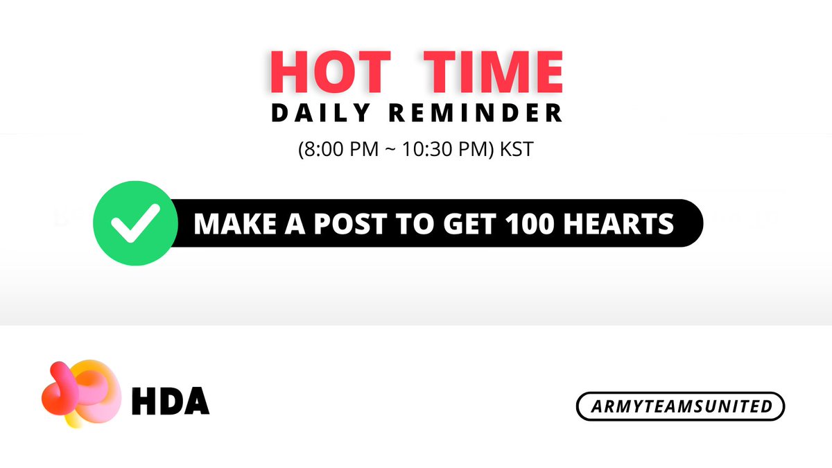armyteamsunited's tweet photo. [🗳] 2023 K GLOBAL
HEART DREAM AWARDS 

It’s Hot Time!
Collect 100 EH for Hot Time Post bonus and please be on standby.
We will start voting soon 💜 @BTS_twt https://t.co/G69ZVZStg4