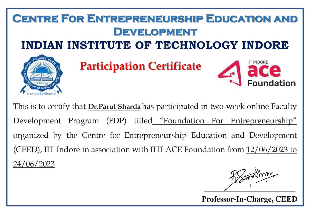 2307_parul's tweet photo. It was wonderful experience to attend two-week online Faculty Development Program (#FDP) titled “Foundation For #Entrepreneurship” organized by the Centre for Entrepreneurship Education and Development (#CEED). #learning #development #Entrepreneurship @imi_college @IITIndore https://t.co/ZLYAfCj7Z4